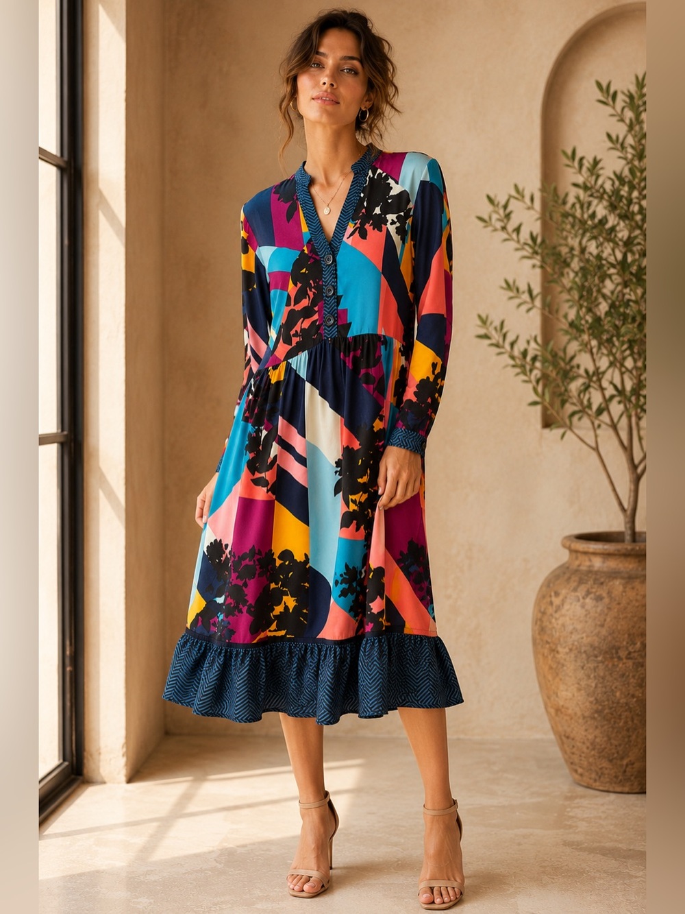 Maeve Anthropologie Abstract Floral Midi Dress Viscose Ruffle Hem Boho Size S